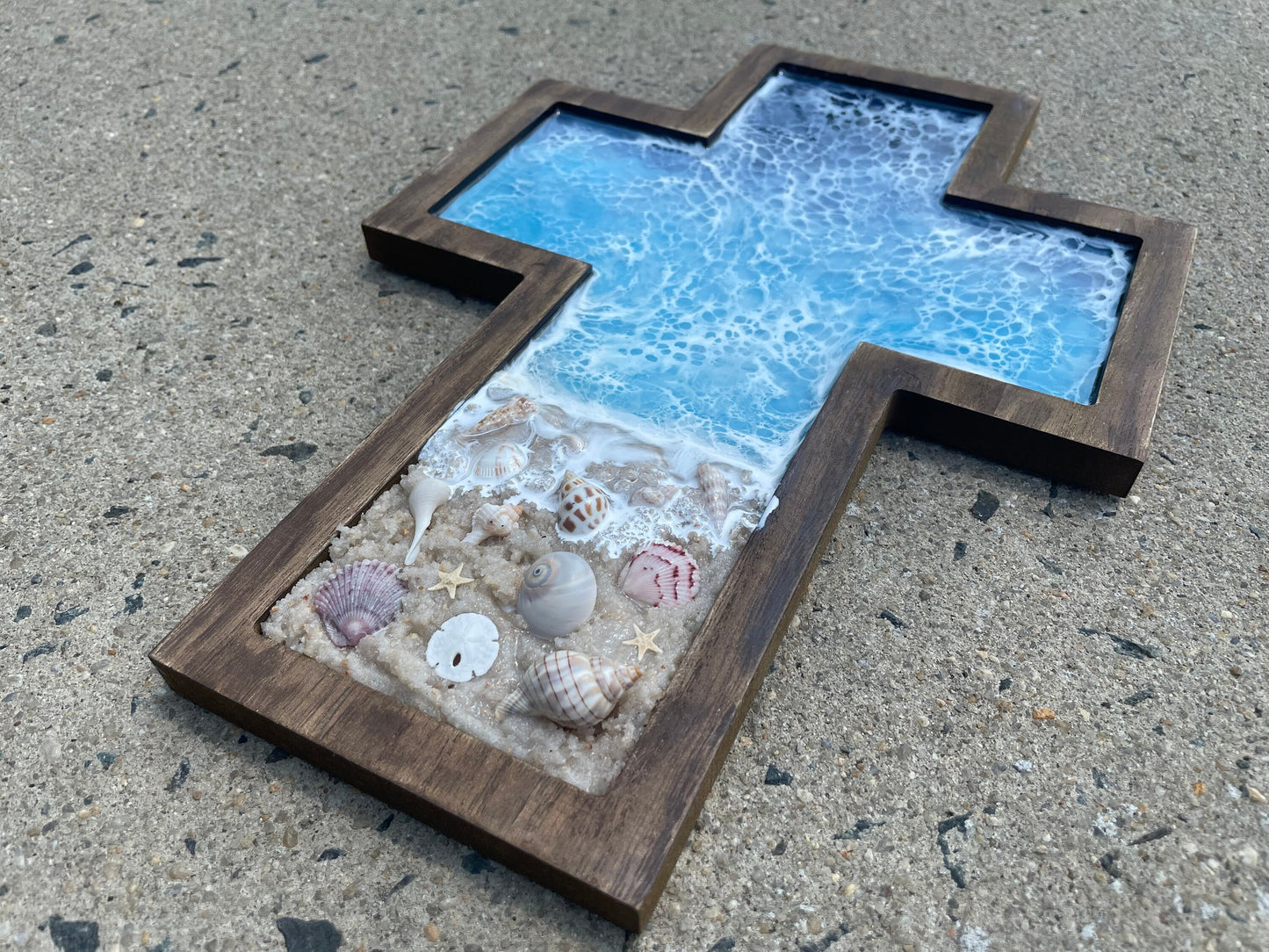 Handmade Beach Scene Memorial Cross with Real Sand and Shells Unique Ocean Inspired Tribute for Remembrance Cremated Remains Cremains