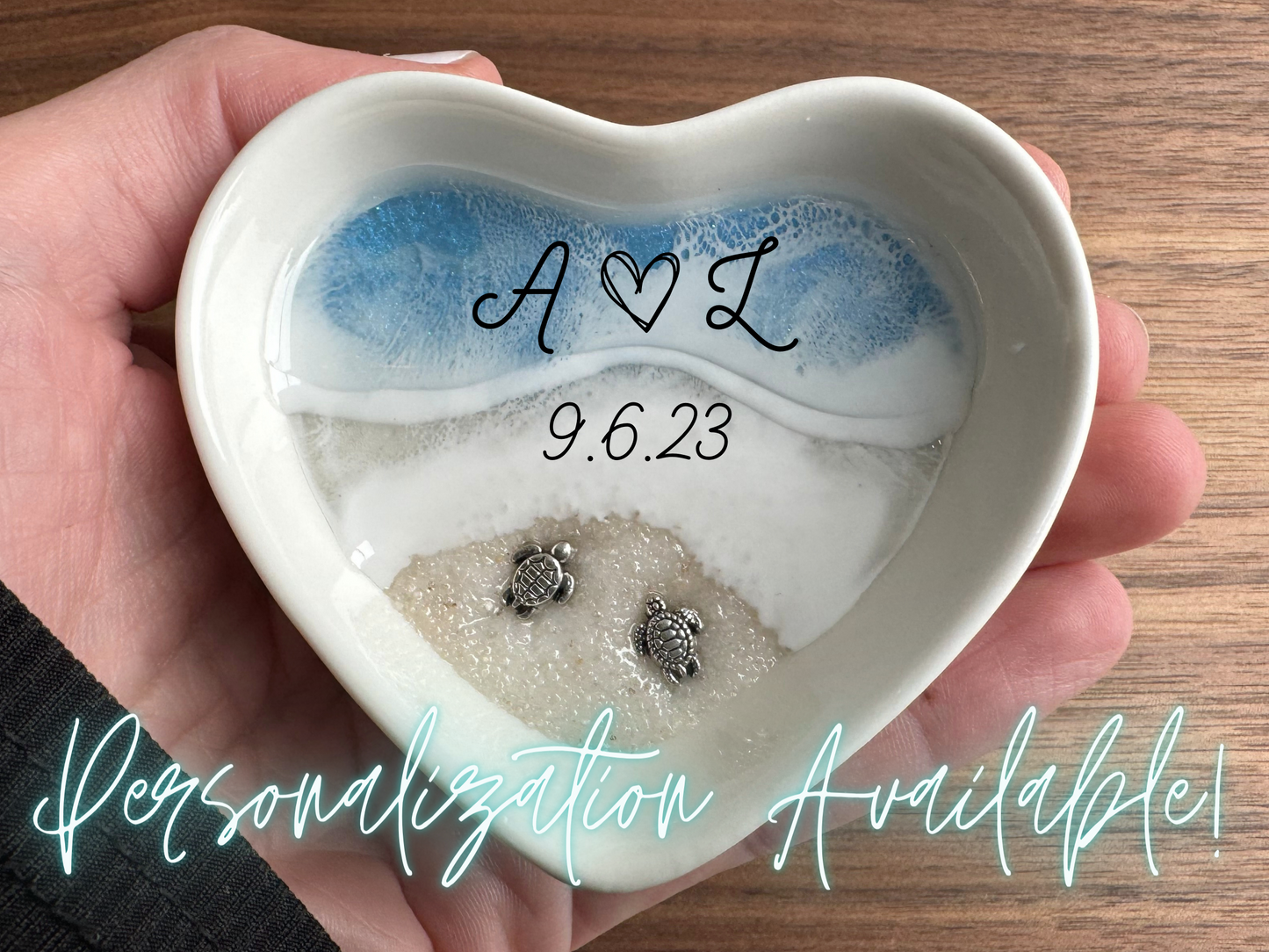 Personalized Turtle Ring Dish Custom Wedding Gift Engagement Engaged Fiancé Wife Custom Ocean Decor Clear Beach Art Ceramic Heart Dish Woman