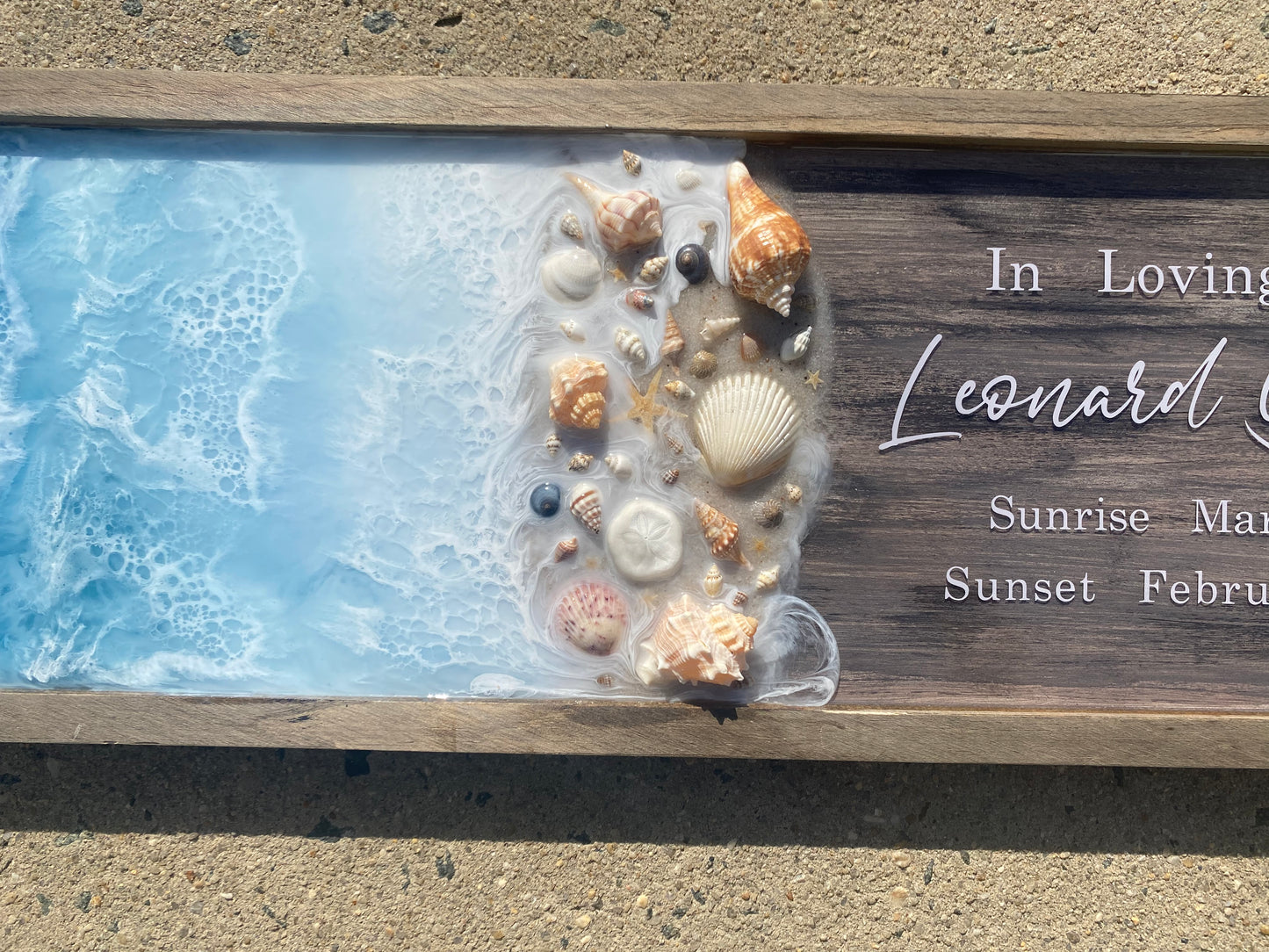 Personalized Ocean Memorial Plaque with Seashells, Rectangular Beach-Inspired Keepsake, Customizable Memorial Art with Name, Dates, and Real Sand and Shells Cremated Remains Cremains